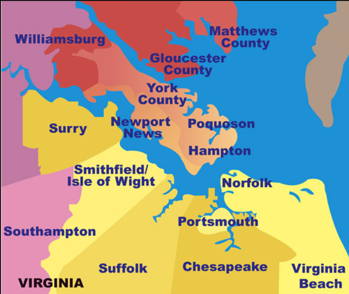 Counties in the Hampton Roads area. 