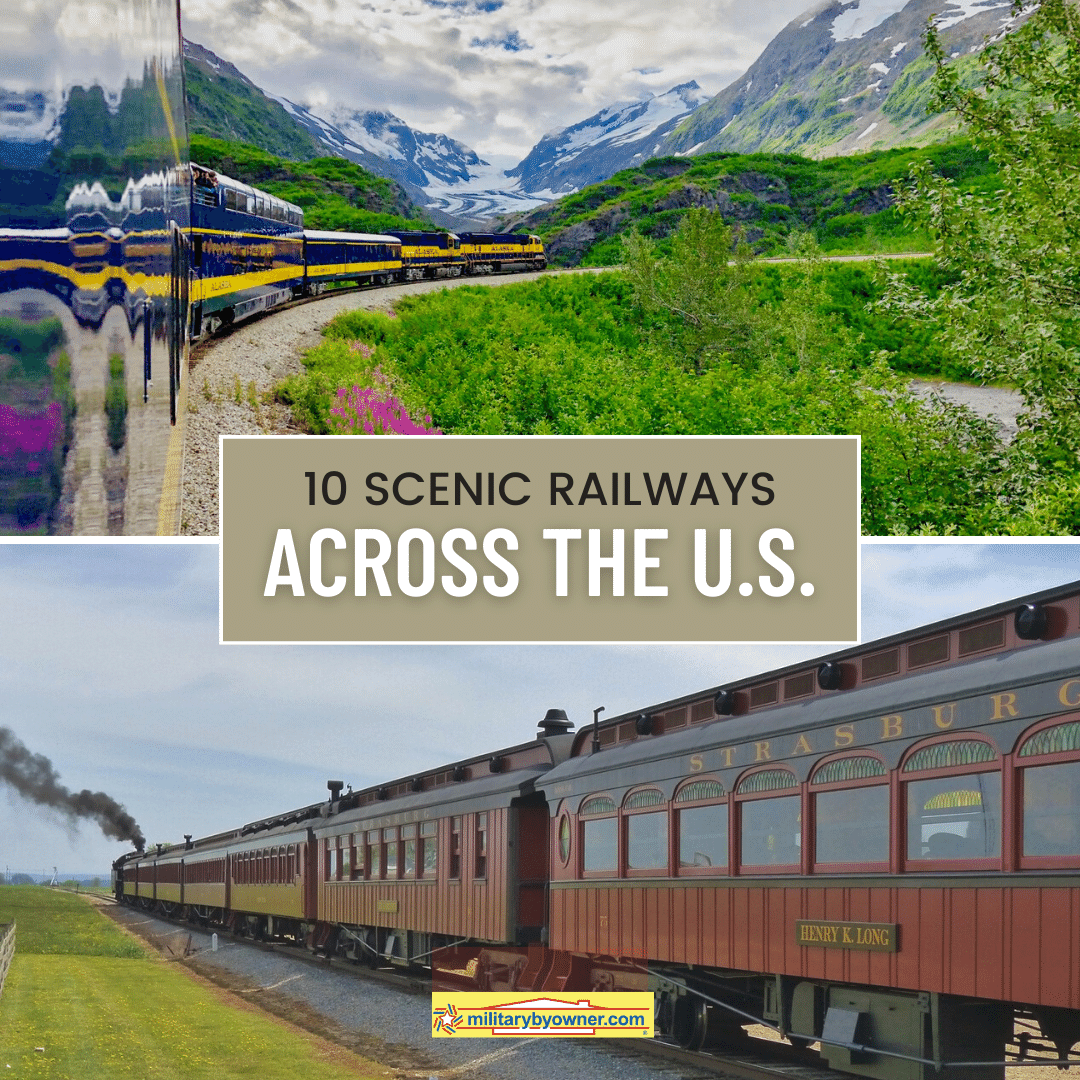 view of trains on scenic tracks with text 10_scenic_railways_across_the_U.S._(Instagram_Post_(Square))
