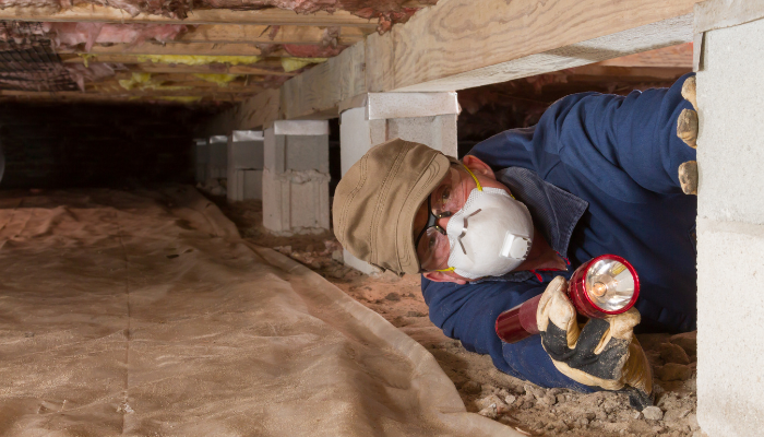 Home inspector wears mask and holds flashlight while inspecting the home's crawl space.