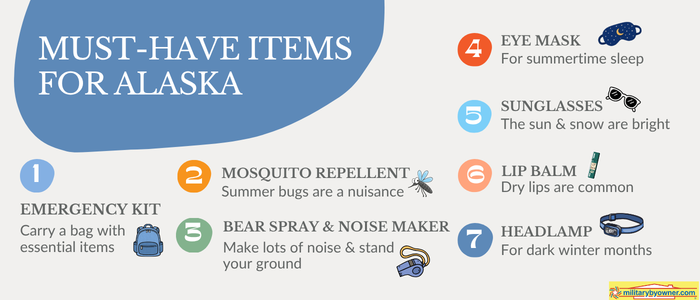 Infographic titled Must-Have Items for Alaska with blue and colorful graphics listing things you should bring with a move to Alaska