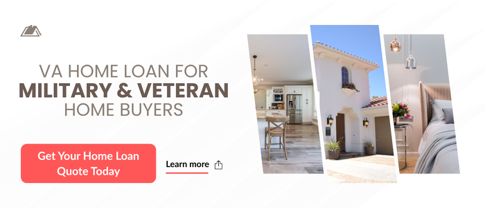 VA home loan for military and veteran home buyers text with photos of houses and text get your home loan quote today in red box