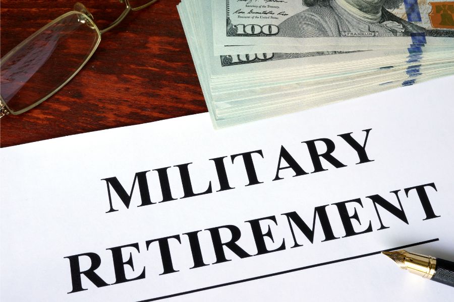 military retirement text with money and glasses