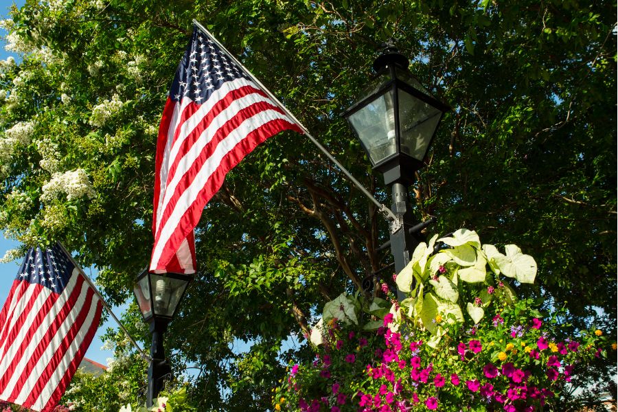 Alexandria neighborhood with lamppost flowers and American flag