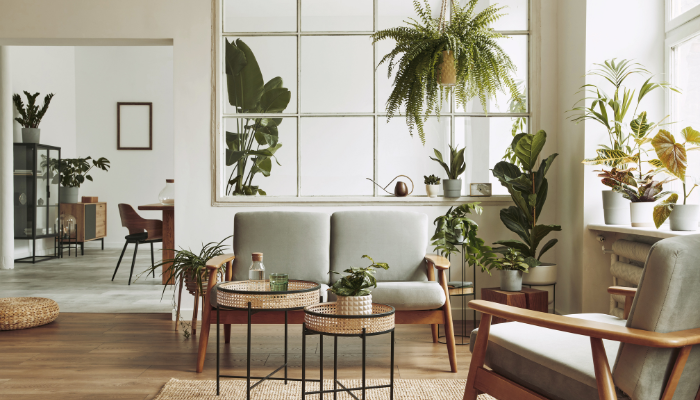 Clean, neutral, bright home interior with plants. 