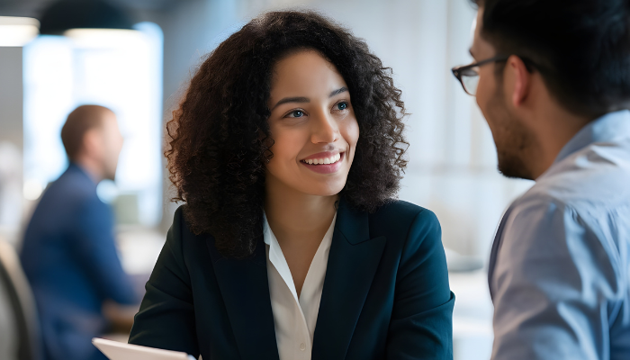 Man in glasses meets with woman in blue blazer with white shirt. 