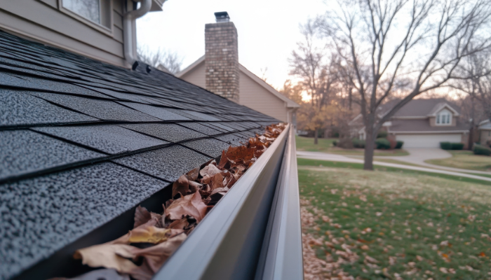 Gutter filled with dry leaves with bare trees and houses in the background.