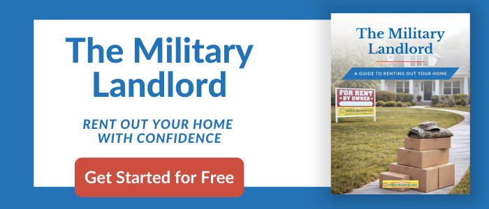 home with moving boxes, military uniforms, militarybyowner sign for rent and text The Military Landlord and how to download free guide