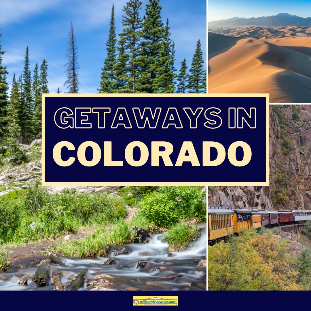 4 different photos of scenes in Colorado inlcuding trees, sand dunes, mountains, and forests with text3_Year_Round_Getaways_in_Colorado_