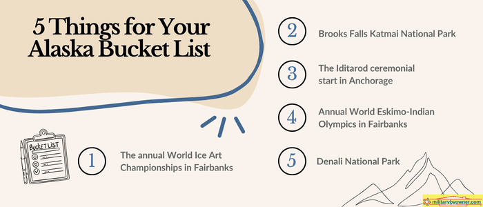 Infographic titled 5 Things for Your Alaska Bucket List tan rectangle with 5 ideas of things to do in Alaska
