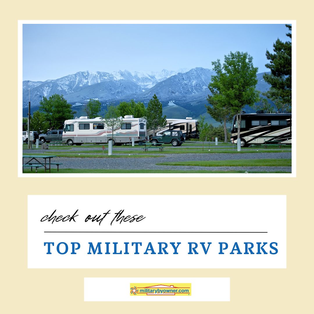 yellow background with image of RVs parked in an RV park with green grass, trees, and snowy mountains in background with text5_Top_Rated_Military_RV_Parks_Across_the_U.S._(Instagram_Post)