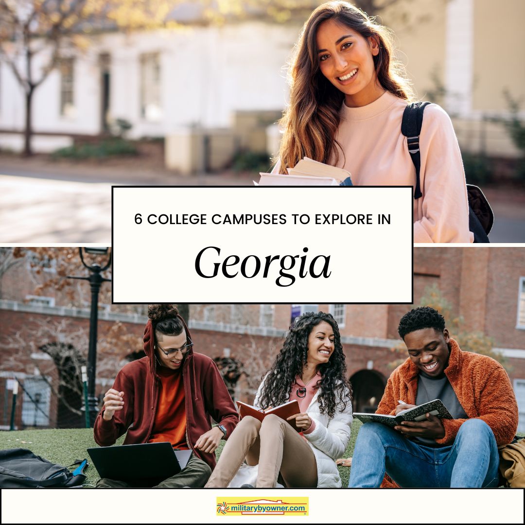 young college students on college campuses with text 6_College_Campuses_NearFt._Benning,_Ft._Stewart,_and_Robins_AFB_(Instagram_Post_(Square))