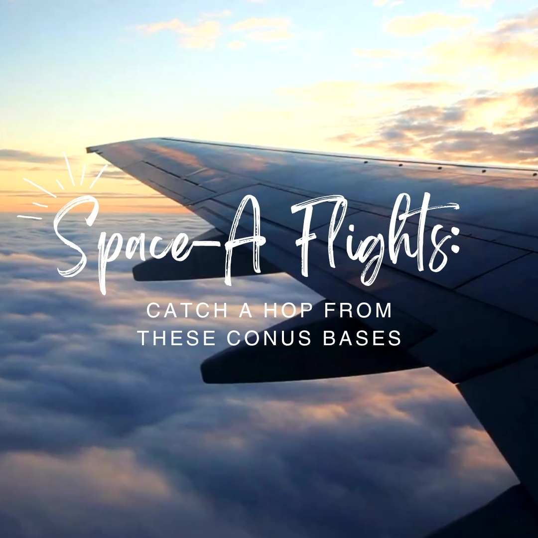 View out plane window looking at plane wing and sun and clouds with text Space-A_Flights_Catch_a_Hop_from_These_CONUS_Bases_(Instagram_Post)