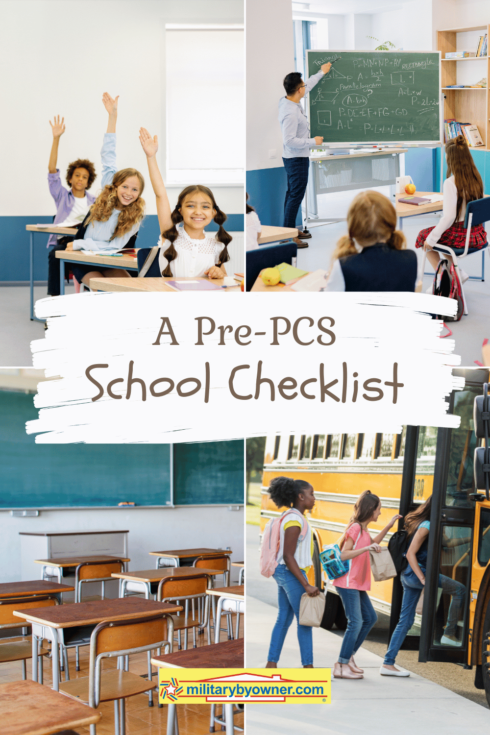 Collage of pictures of school and kids in class with text, A Pre-PCS School Checklist