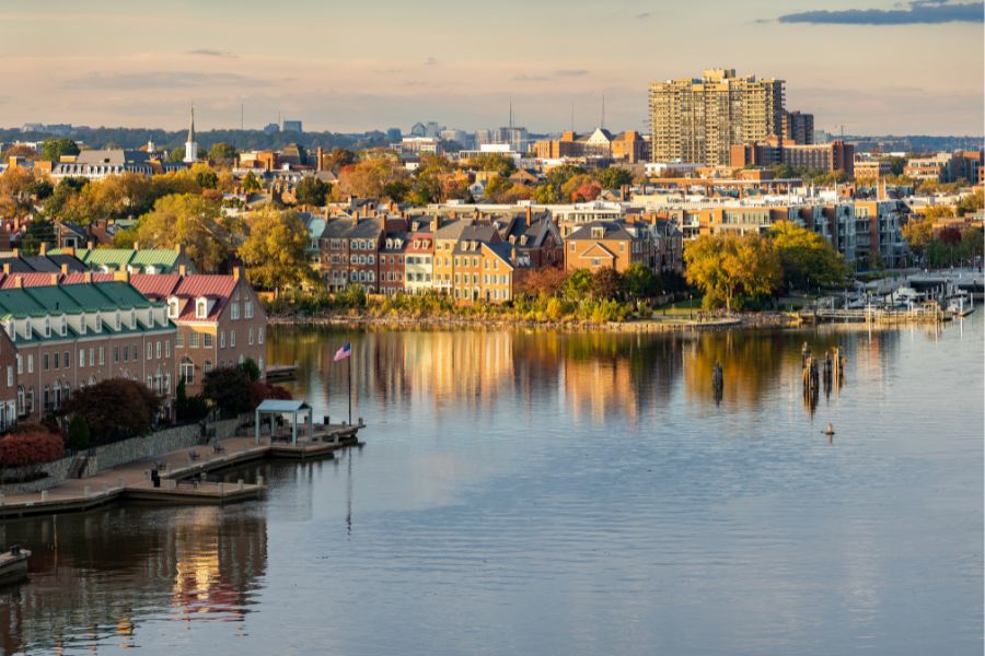 Aerial view of Alexandria from the water. Historic buildings along the Potomac.