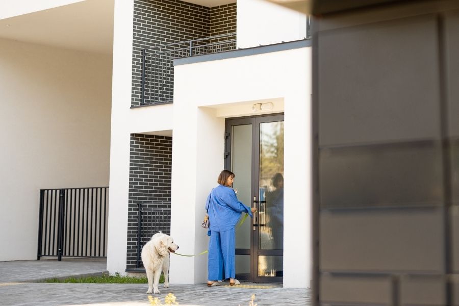 woman in blue closing door of white and brown apartment building while holding large white dog on a leash