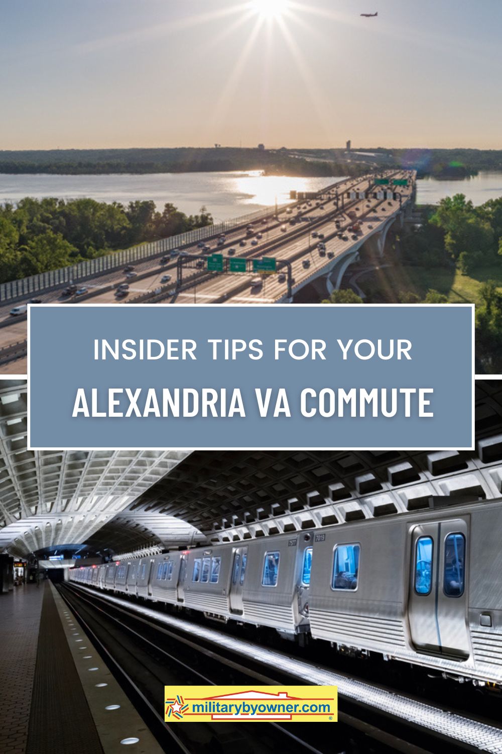 Collage of Wilson Bridge crossing the Potomac River and the underground DC metro station with text, Insider Tips for Your Alexandria VA Commute