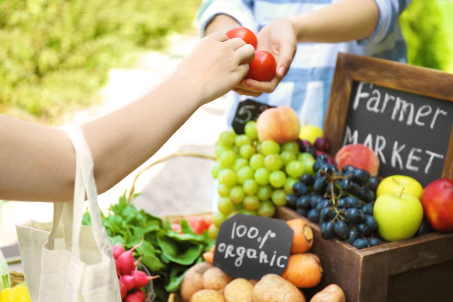person getting tomatoes from a fresh farmers market stand in Alexandria VA