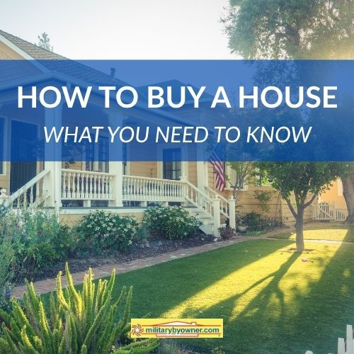 image of home with american flag, green lawn and sunlight with text how to buy a house