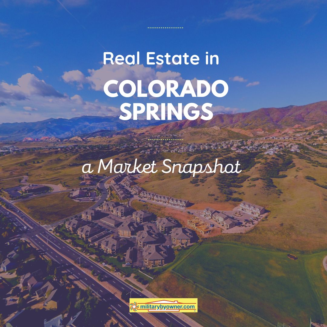 view of colorado springs and mountains overlaid with text Colorado_Springs_Real_Estate_A_Comprehensive_Market_Snapshot_(Instagram_Post_(Square))