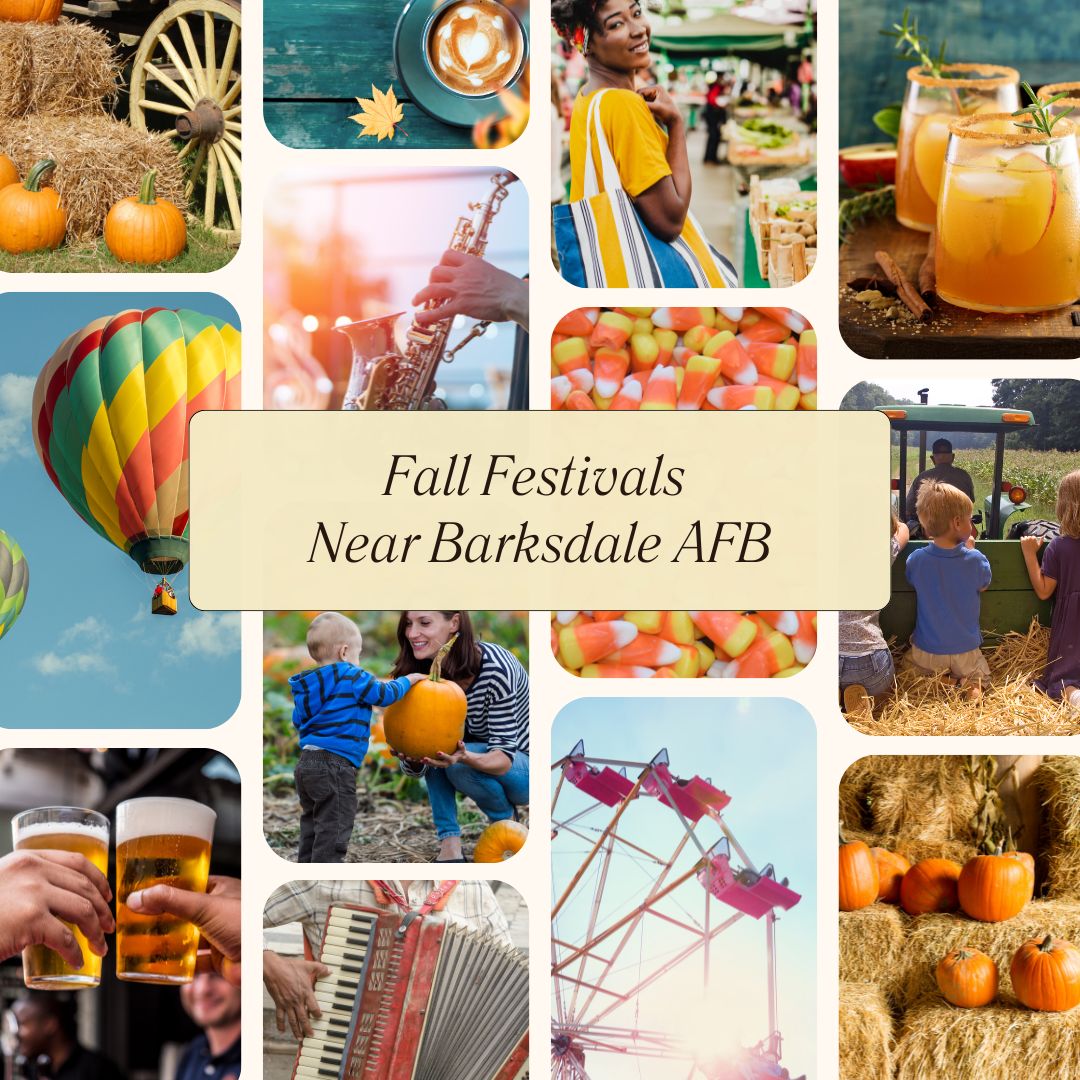 images of various festival images, candy, and food with text Fall_Festivals_Near_Barksdale_AFB_(Instagram_Post)