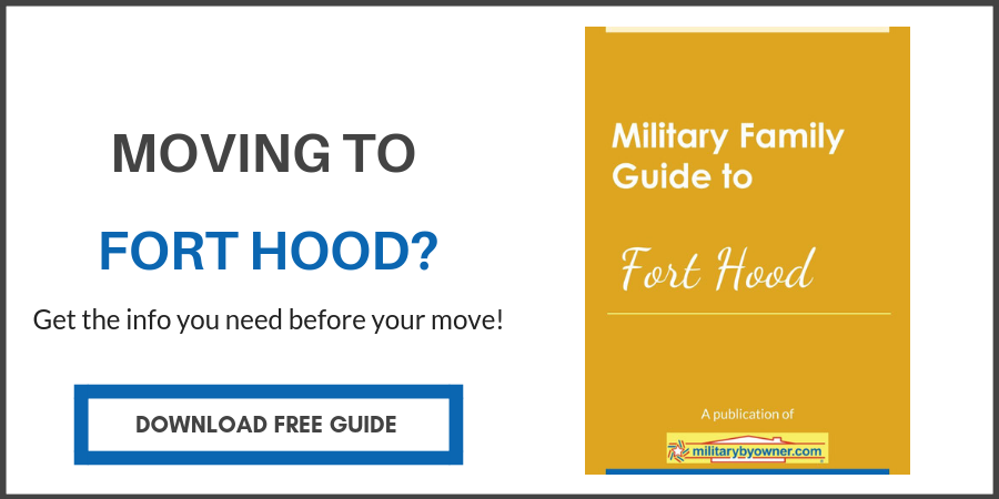 Fort_Hood_ebook_w_button_CTA yellow ebook cover with text Military Family Guide to Fort Hood