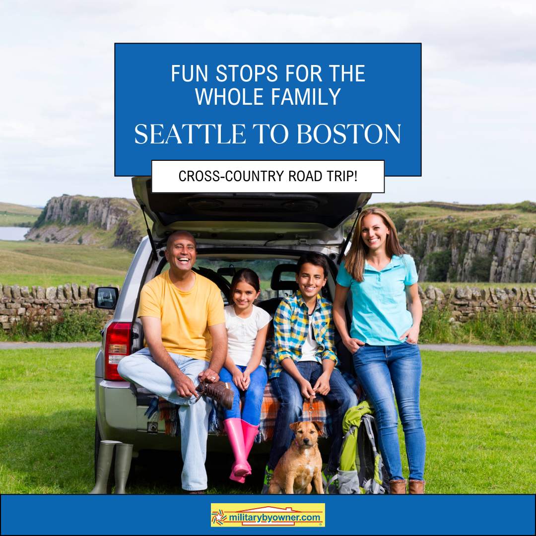 Family sitting in back of vehicle in front of open field and water with text Fun_Stops_for_the_Whole_Family_on_I-90_from_Seattle_to_Boston_(Instagram_Post)