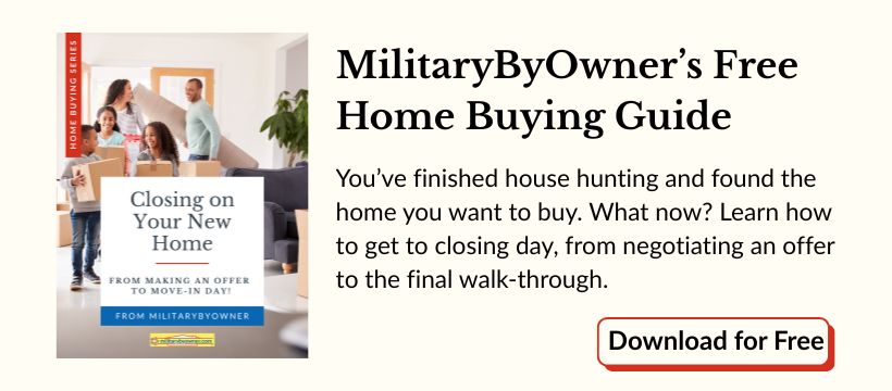 image of ebook cover with family moving boxes into home with text militarybyowner's free home buying guide