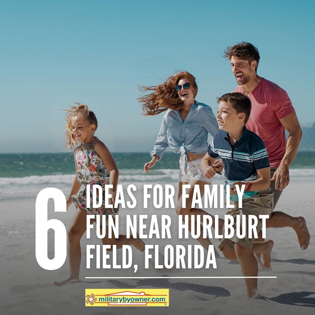 young family running along white sand beach with blue water in background and text Ideas_for_Family_Fun_Near_Hurlburt_(Instagram_Post)