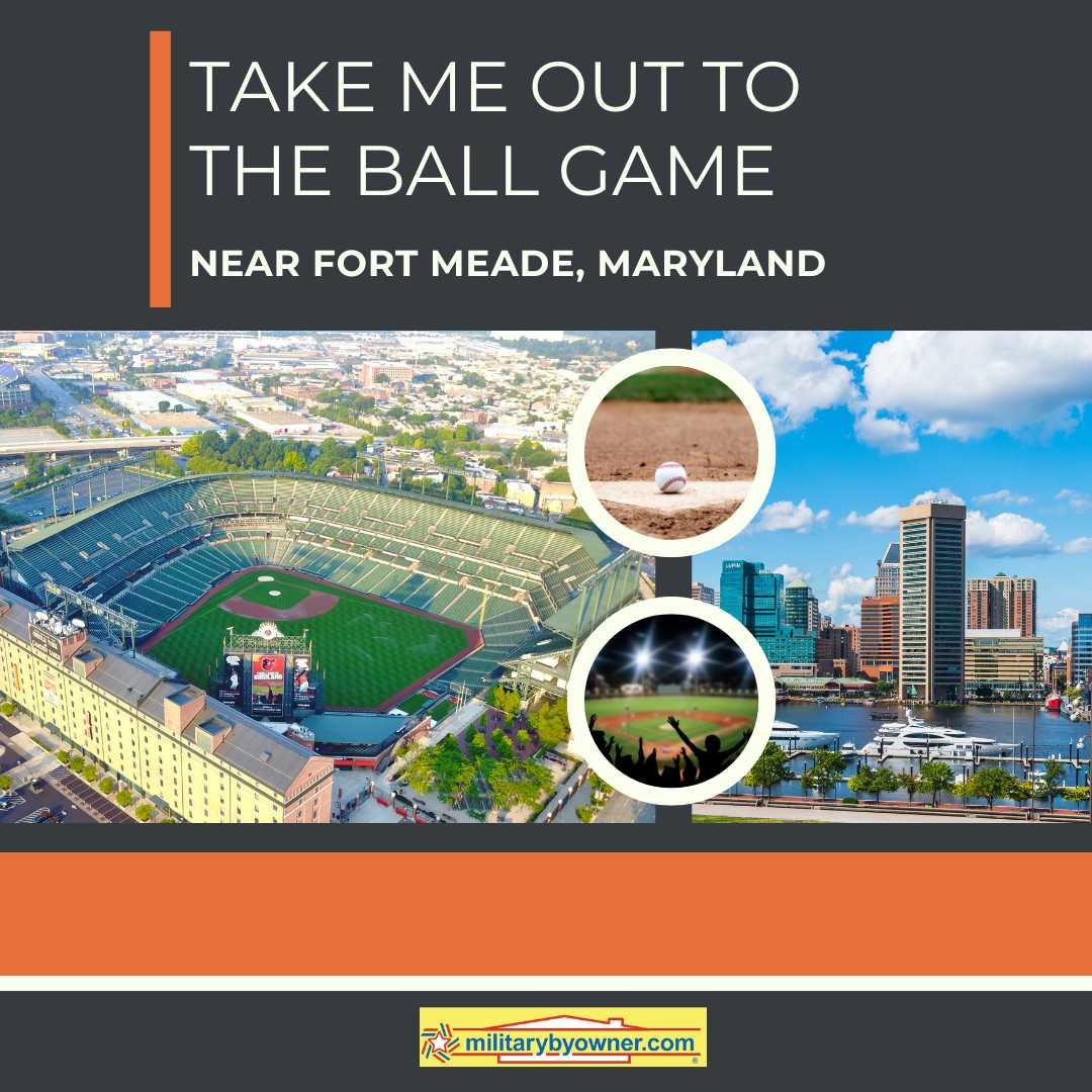 Aerial view of football stadium, Baltimore skyline and text Take_Me_Out_to_the_Ball_game_Near_Fort_Meade,_Maryland_(Instagram_Post)