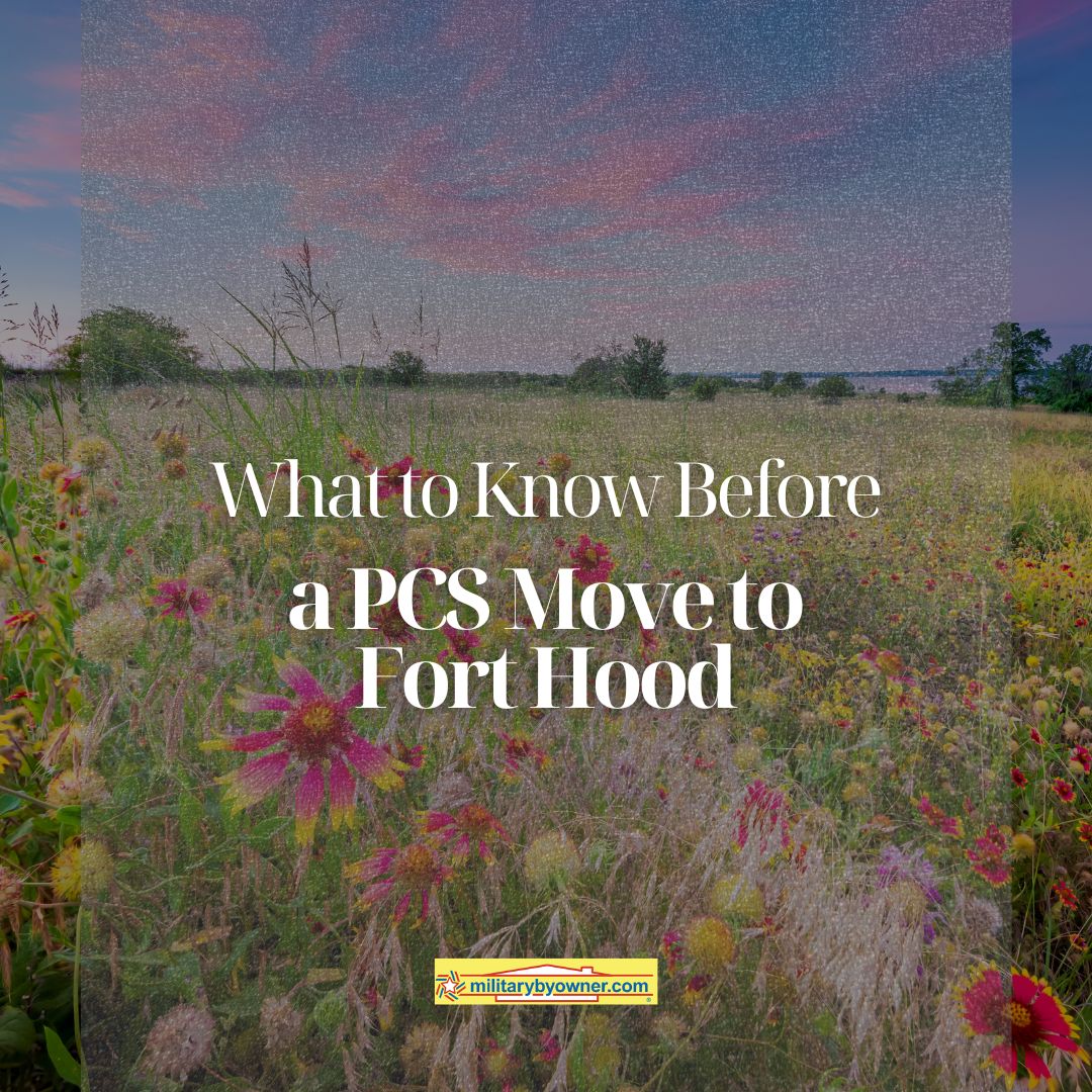field of green grass and flowers with setting sun, pink sky, and few trees in background with text What_to_Know_Before_a_PCS_Move_to_Fort_Cavazos_(Instagram_Post)
