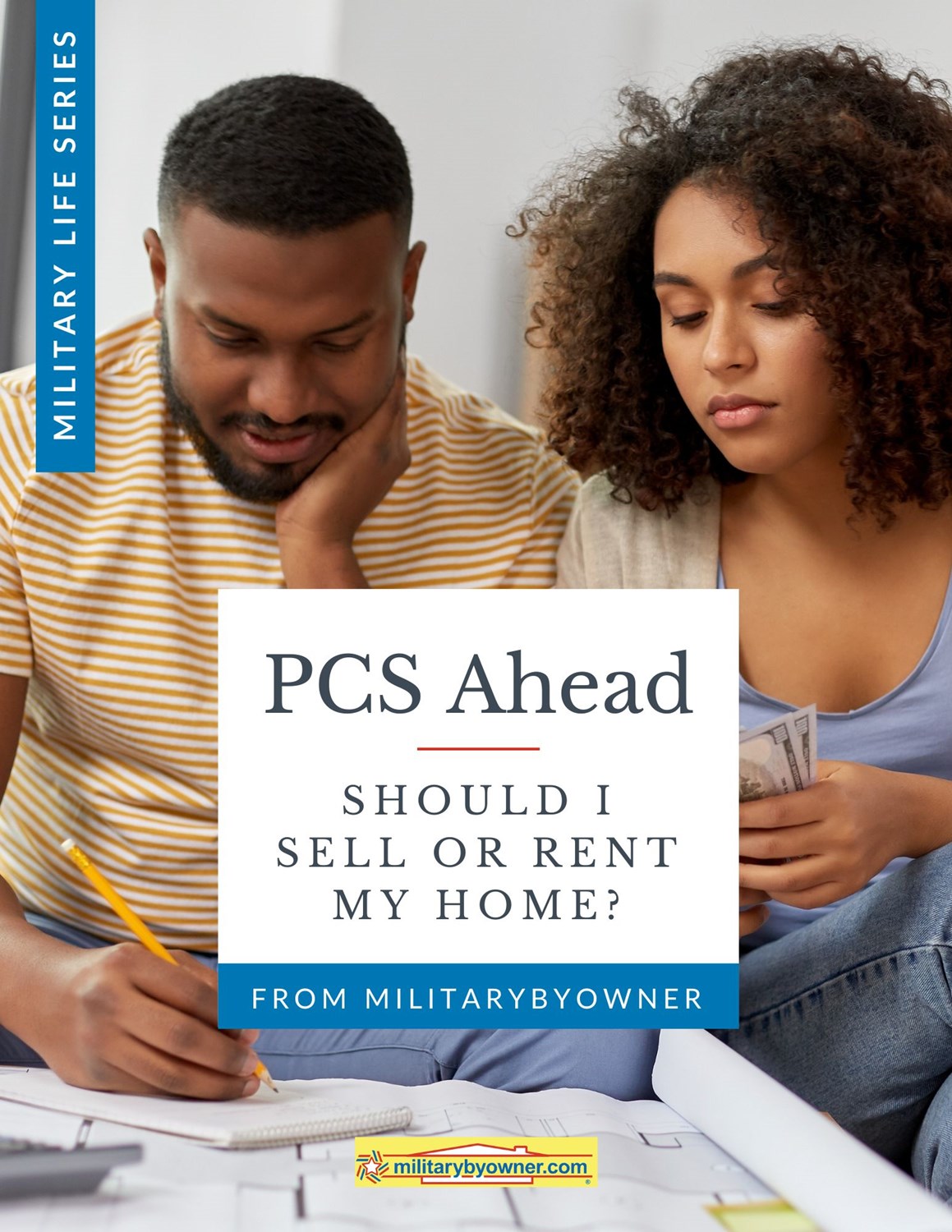 2025_edit_PCS_Ahead_Rent_or_Sell_Ebook cover with young couple looking at home selling paperwork