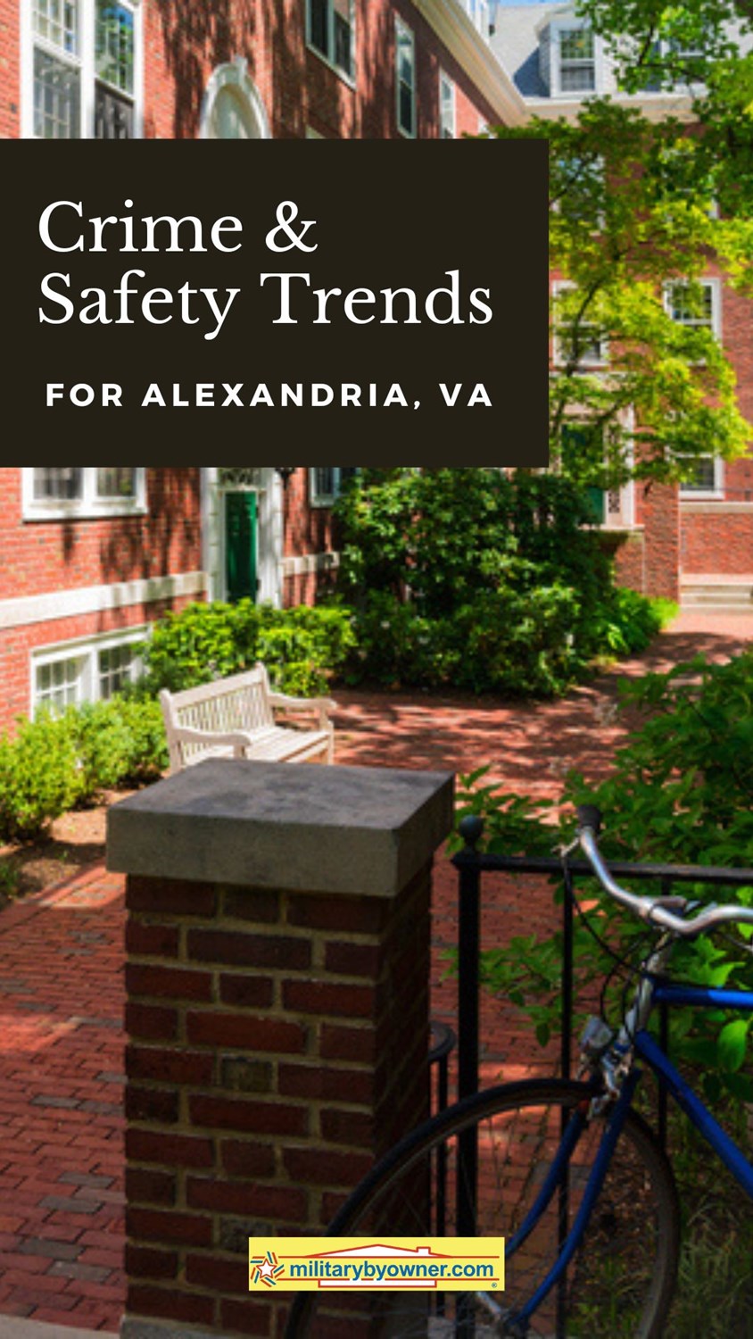 Brick buildings and walkway in Alexandria, VA with text, Crime & Safety Trends for Alexandria, VA