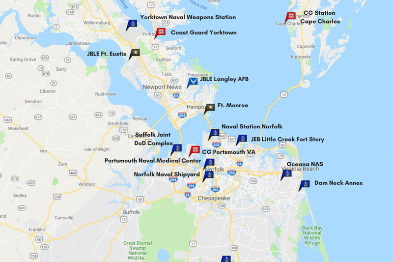 Military bases in the Hampton Roads area of Virginia. 