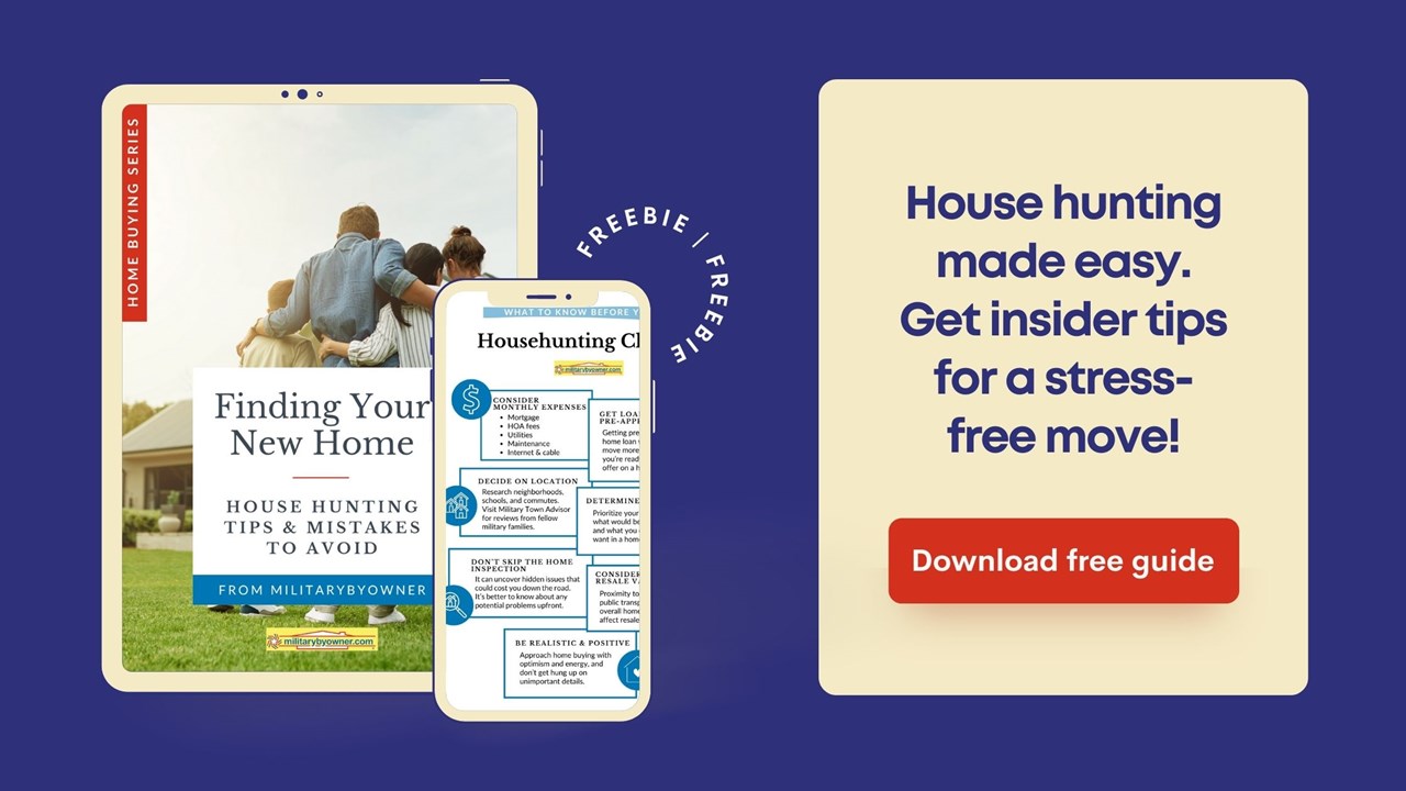 blue background with ebook cover of family hugging in front of new home Home_buying_ebook_2_house_hunting_tips_and_mistakes_to_avoid_CTA