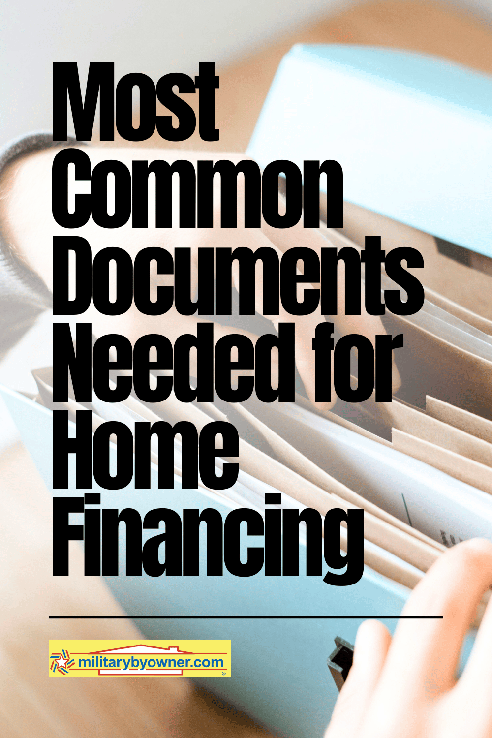 Person filing through papers in accordion binder with text Most Common Documents Needed for Home Financing