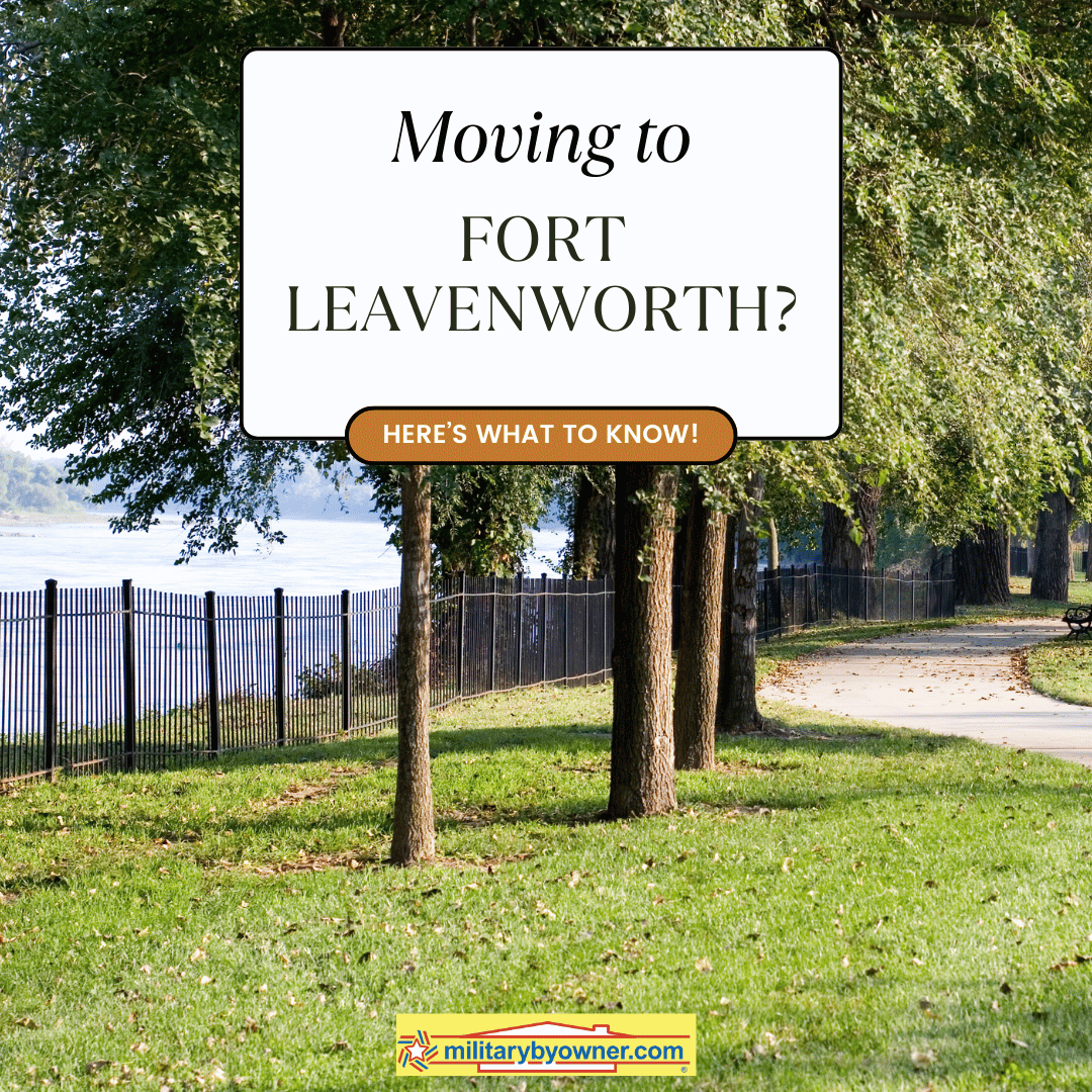 view of lake with green trees sign Moving to Fort Leavenworth