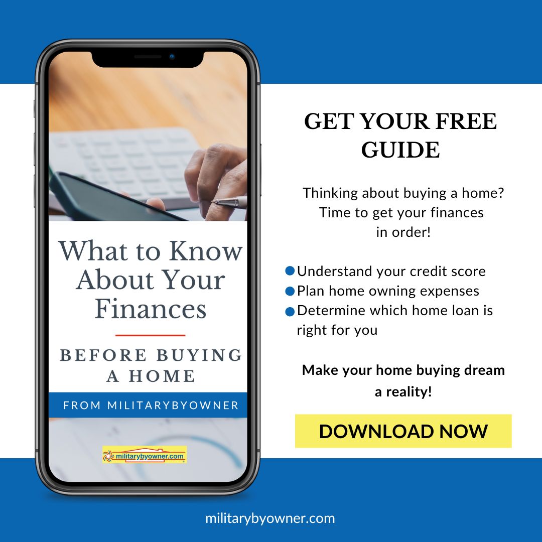 view of phone with hand and calculator and text What to Know About your Finances Before Buying a Home and text on how to download