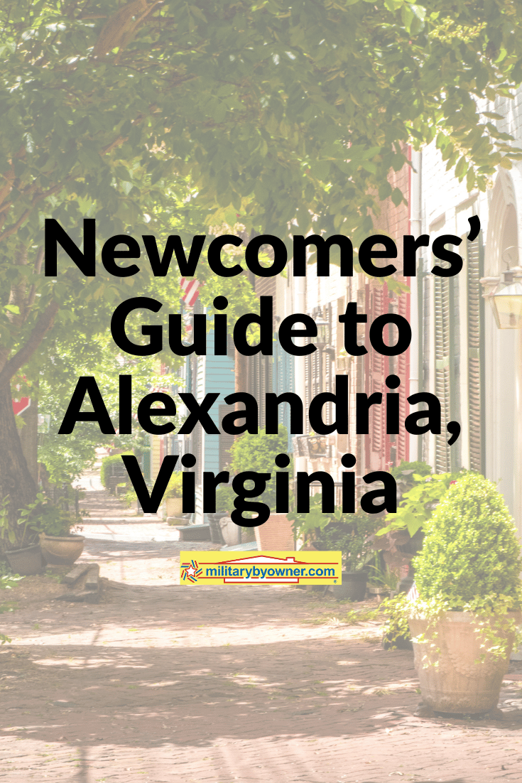View of Alexandria street with brick sidewalk and colorful row houses and text, Newcomers' Guide to Alexandria, Virginia