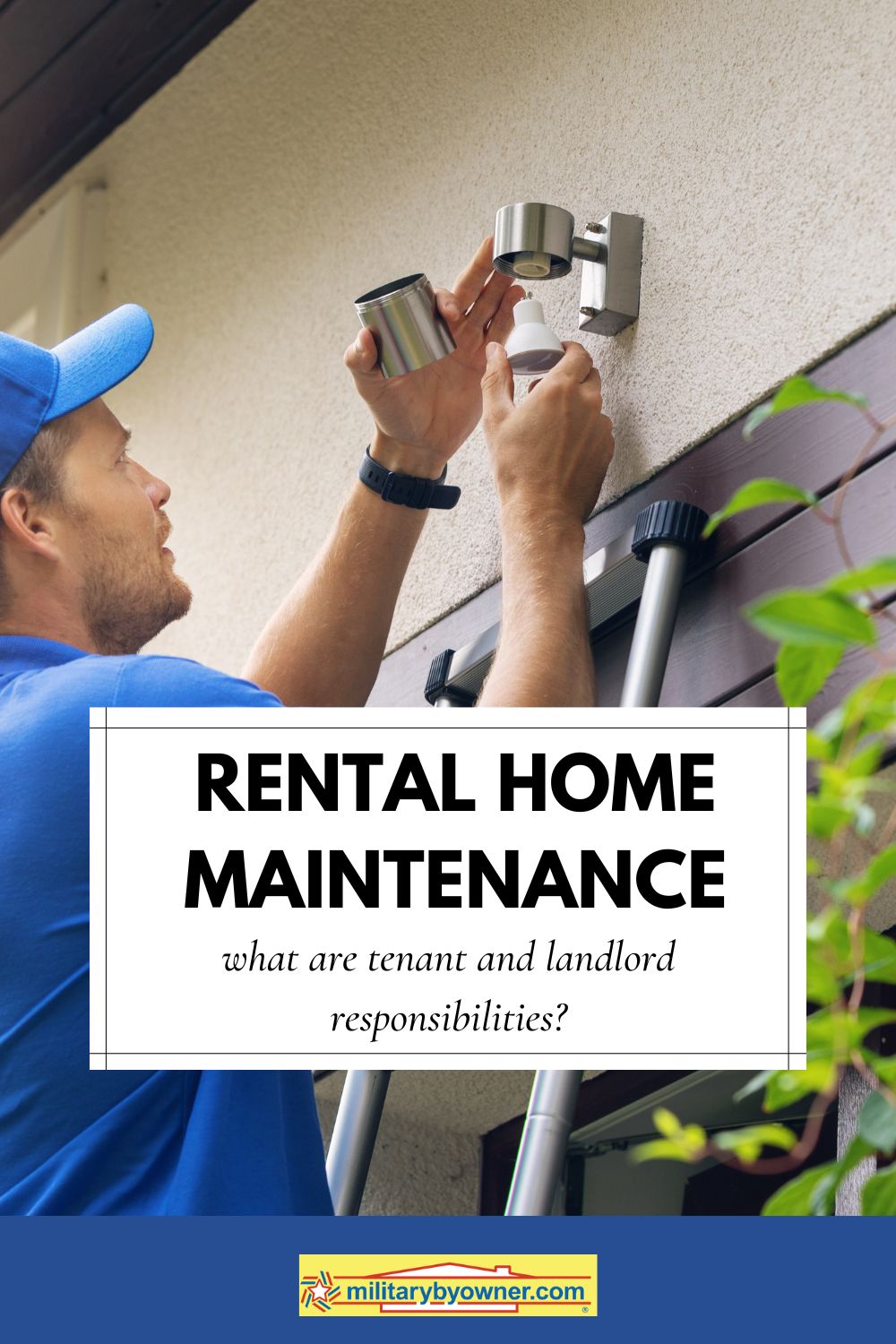 Man in blue shirt and ball cap changes light bulb in exterior light with text Rental Home Maintenance, What Are Tenant and Landlord Responsbilities?