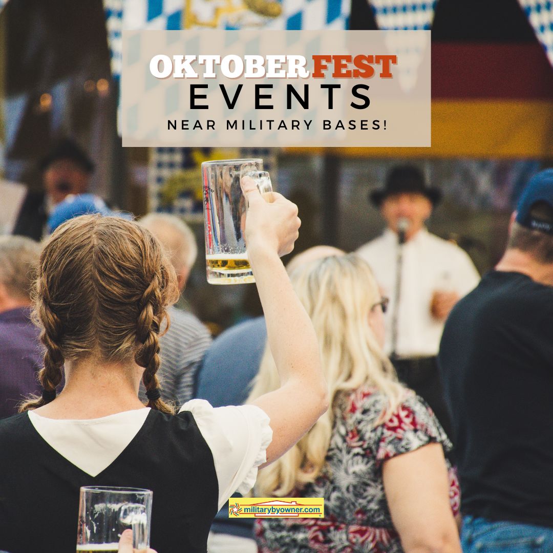 people at Oktoberfest event with one woman in German traditional dress and raising stein with text Oktoberfest_Events_Near_Military_Bases___(Instagram_Post)