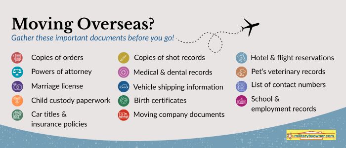 blue and tan background with plane icon and text Moving Overseas with list of documents to gather with icons
