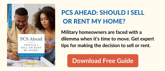 couple looking down at mobile phone and papers with text PCS_Ahead_Should_I_Sell_or_Rent_My_Home_CTA_(1)