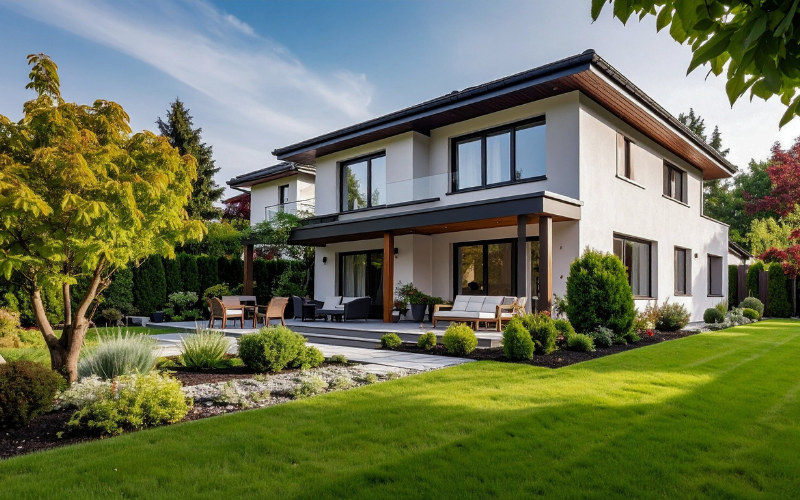 Modern white home with clean lines and wood and black accents in green yard and trees.