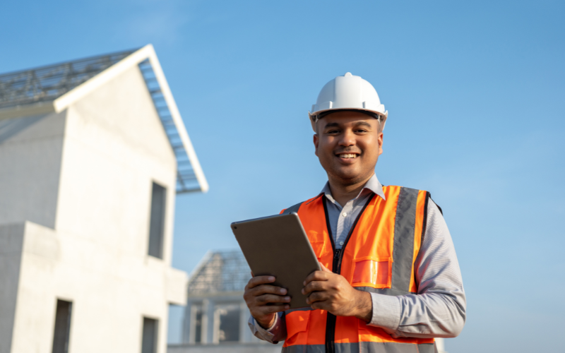 Home inspector in orange vest and white hard hat standing outside homes with clipboard. 