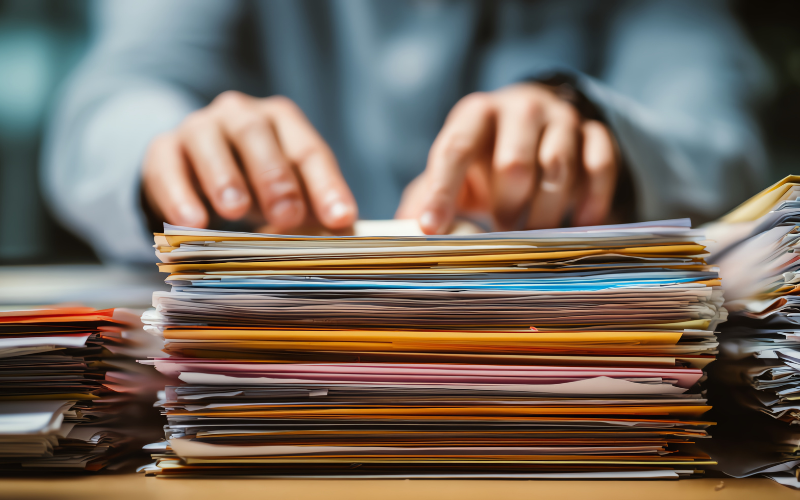 Eye level view of stacks of colorful folders on desk with person's hands resting on top.