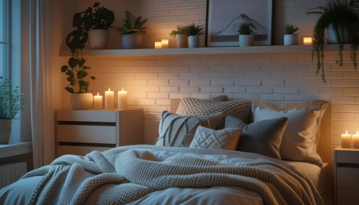 Cozy bed with multiple plush blankets and throw in front of white brick wall with candles light and soft moonlight shining in from window.