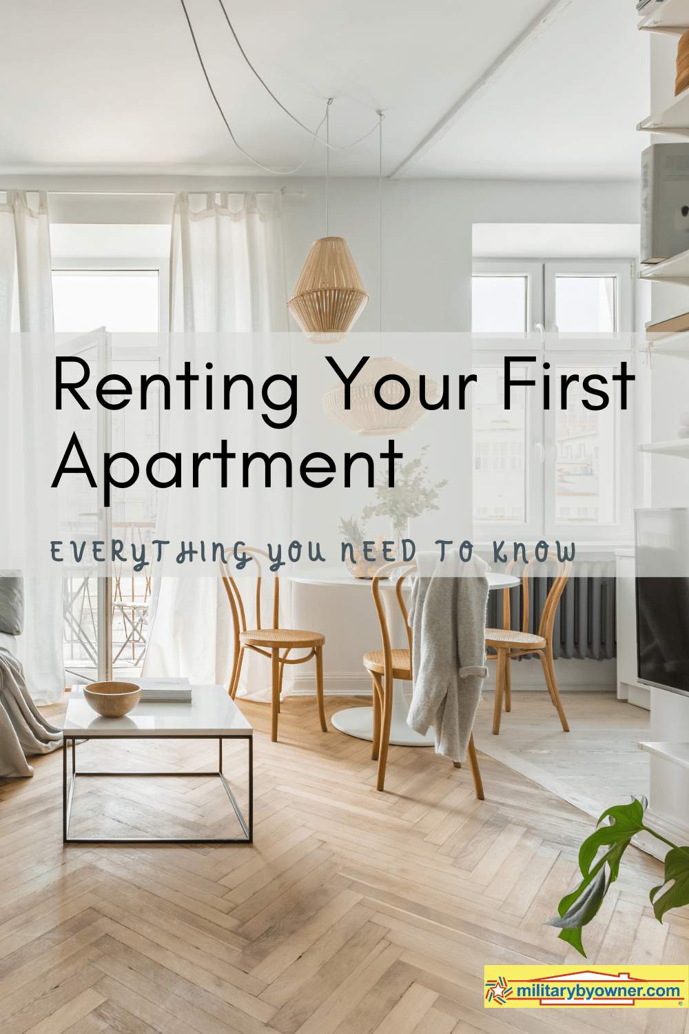 Photo of neutral-colored apartment with text, Renting Your First Apartment, Everything You Need to Know 