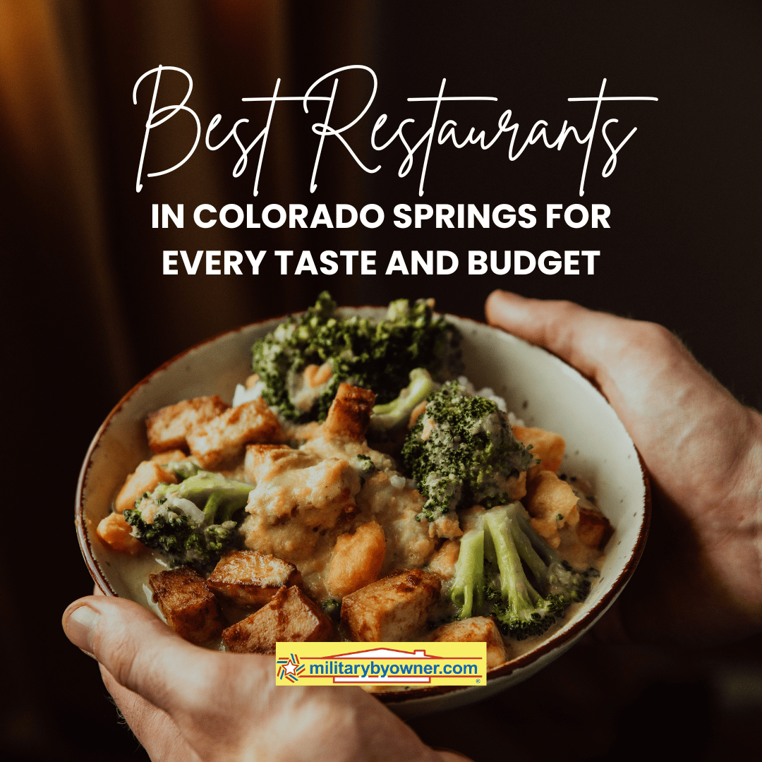 Person holding bowl of chicken and broccoli with text, Best Restaurants in Colorado Springs for Every Taste and Budget
