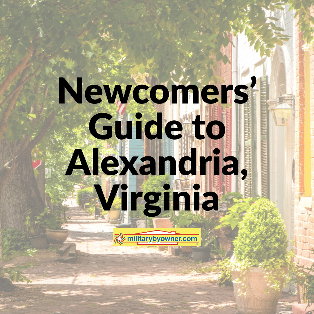 view of old Town alexandria VA brick homes and trees with text newcomers guide to Alexandria VA