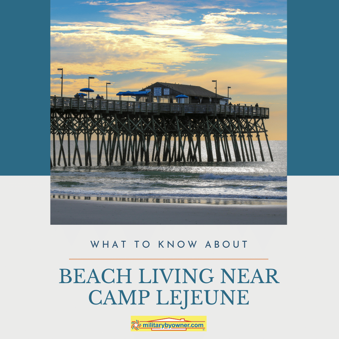 View of pier in ocean right after sun down with text, What to Know About Beach Living Near Camp Lejeune